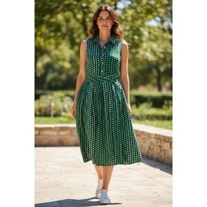 NWT 11 1 Tylho Polka Dot Green Sleeveless Shirt Dress Midi Fit‎ Flare Size Small